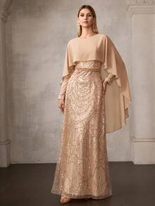 MOTF Soiréza WOMEN'S ELEGANT ROUND NECK LONG-SLEEVED CAPE-STYLE MAXI PARTY GOWN – WITH SPARKLY SEQUIN BEADED FAUX PEARL-EMBELLISHED, BATWING SLEEVE CENTRAL BACK ZIPPER, IDEAL FOR PARTIES, GALAS, FORMAL EVENINGS, HOLIDAY CELEBRATIONS & SPECIAL EVENTS - Khaki - View 4