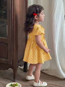 LMoss Kids 女婴格子圆领花瓣袖修身休闲连衣裙 - 黃色 - 查看 4