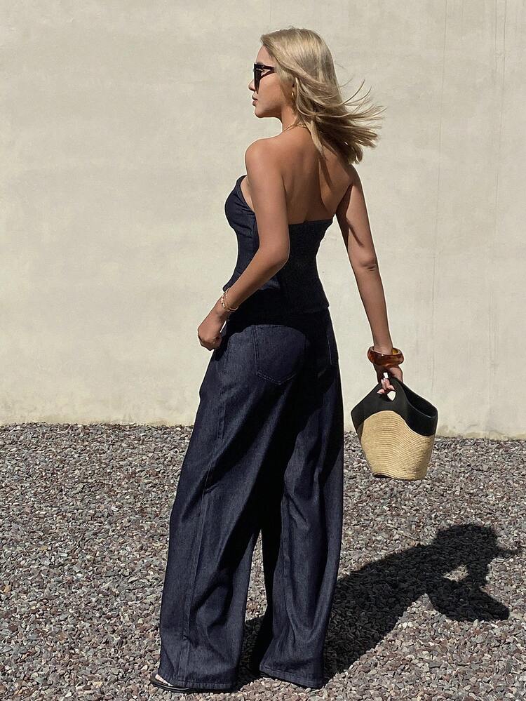 Women's Western Cowgirl Solid Color Fitted Bandeau Top And Wide Leg Pants Casual Vacation Suit, Spring/Summer