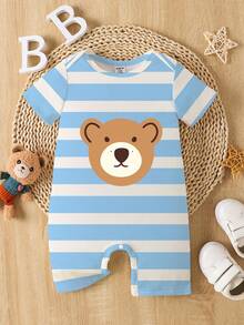 Souflis Souflis Unisex Baby Boy Casual Cute Cartoon Bear Striped Romper With Short Sleeve And Shorts, Suitable For Summer Daily Wear - Multicolor - View 3