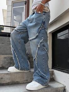 Manfinity EMRG Men's Street Fashion Distressed Patchwork Vintage Washed Wide Leg Pants - Light Wash - View 7