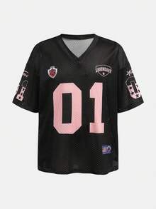 Tween Girls' Fashionable Street Style Loose V-Neck 01 Letter Print Black & Pink T-Shirt Top, Spring/Summer - Black - View 5