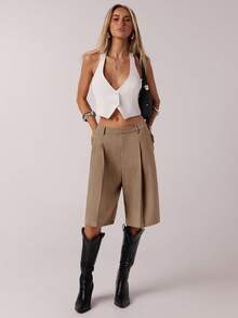 SHEIN Forever 21 Women's Minimalist Commuter Gray Bermuda Shorts, Spring - Unta - View 7