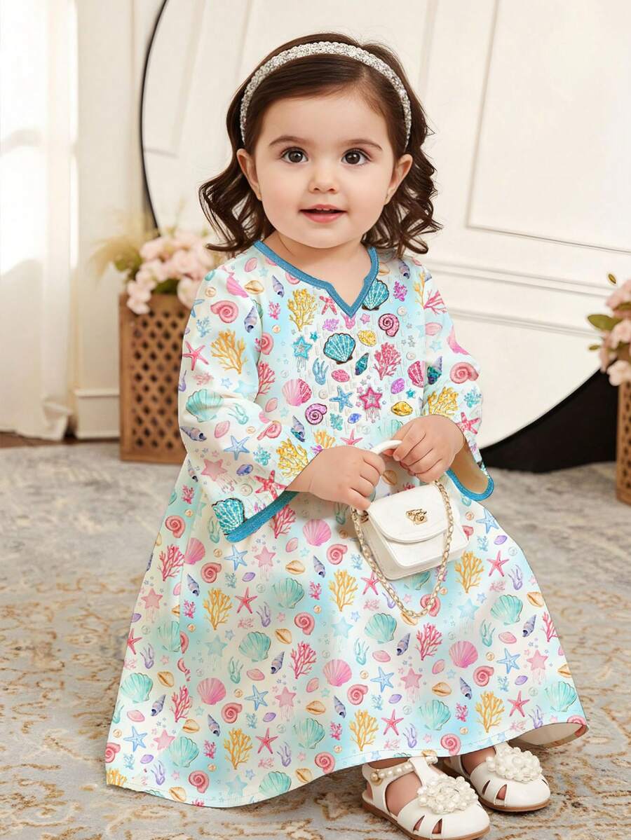 Áo Jalabiya trẻ em màu xanh nhạt, họa tiết vỏ sò nàng tiên cá, sao biển, ngọc trai đại dương, áo dài tay cổ chữ V dáng rộng thoải mái cho bé gái, thích hợp mặc hàng ngày vào mùa xuân/hè, đi nghỉ mát, lễ hội, váy dài tay thời trang ngọt ngào, áo Abaya cầu nguyện cho trẻ em, dễ chịu, mặc thường ngày, áo Kaftan kín đáo, áo Jalabiya trẻ em, kiểu dáng mới. - Nhiều màu - Xem 1