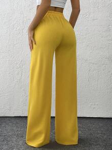 EURMUSE Women Patch Pocket And Wide Leg Detailed Sweatpants - Light Yellow - View 2