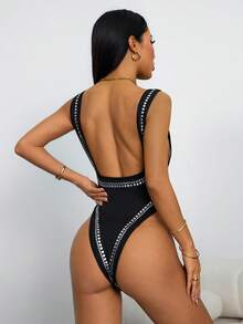 SHEIN PETITE Women's Sexy Black Sleeveless Scoop Neck Bodysuit With Studded Rivet Knot Detail For A Daring Look Autumn/Winter Thanksgiving And New Year, Black Studded Dress Sexy Dress - Black - View 2