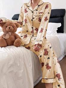 Asian Style Dream Adore Women's Brown Base Bear Bow Heart Print Faux Silk Lapel Cardigan & Pants Pajama Set - Apricot - View 6