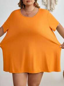 SHEIN CURVE+ Áo thun tay ngắn cổ tròn màu trơn cỡ lớn kiểu dáng thường ngày - trái cam - Xem 4