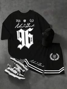 Ensemble tee-shirt et short pour garçons pré-adolescents, style décontracté et créatif pour le printemps et l'été. Design rafraîchissant avec numéro 96, pentagramme, rayures et slogans. Confortable pour le port quotidien, idéal pour les saisons printemps, été et automne. - Multicolore - Voir 4