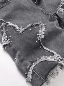 Manfinity EMRG Quần short Bermuda denim dáng rộng thời trang đường phố dành cho nam, đính họa tiết ngôi sao và đinh tán. - Xám - Xem 4