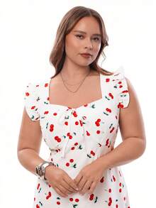 Solavibe Plus Size Women's Cute White Cherry Print Front Tie Mini Dress,Summer Flutter Sleeve Picnic Outfit,Casual Beach Vacation Birthday Holiday Dresses - White - View 4