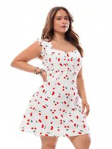 Solavibe Plus Size Women's Cute White Cherry Print Front Tie Mini Dress,Summer Flutter Sleeve Picnic Outfit,Casual Beach Vacation Birthday Holiday Dresses - White - View 10