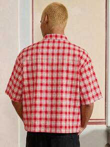 SWAVVY 男士休闲度假风心形针织格子印花宽松衬衫，夏季 - 紅色 - 查看 5