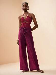 Zivah 2026春夏新品，适合情人节、音乐节、复活节、西部风、游牧风、波西米亚风、纳什维尔风、派对、晚宴、约会、聚会等场合。可调节腰围，荷叶边腰带设计，优雅宽松半透明沙滩罩衫及裤子套装。 - 酒紅色 - 查看 7