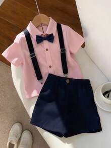 SHEIN 2pcs Kids Tween Boys Casual Daily Comfortable Polo Collar Cardigan Shirt With Bow Tie & Loose Shorts Bib Pants Gentleman Outfit Set - Multicolor - View 4
