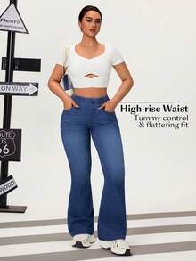 Flexra Women's Elastic Waist Pocket Casual Flare Leg Jeans - Dark Wash - View 6