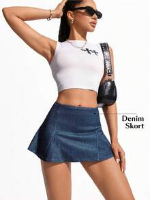Flexra Solid Color Elastic Casual Versatile Denim Mini Skirt, Spring/Summer - Medium Wash - View 7