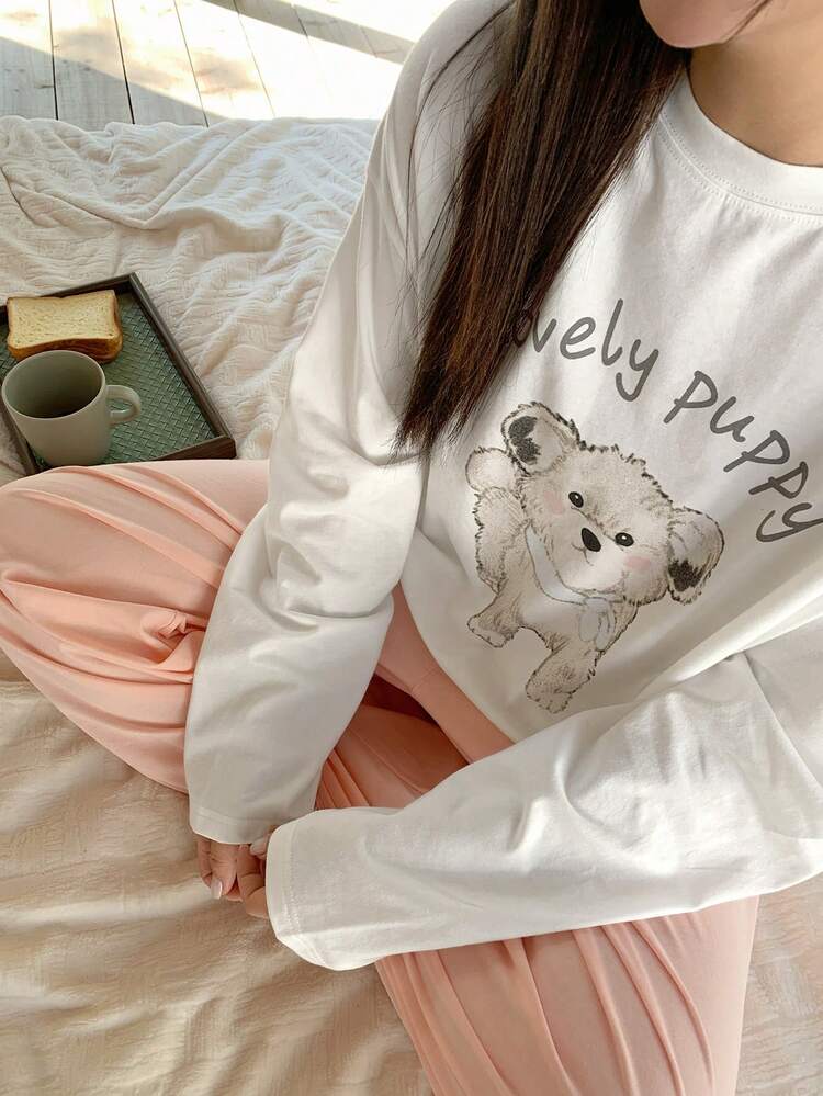 Dazy Plus Plus Size Women Cute Graphic Print Loose Long Sleeve Top And Straight Leg Pants Pajama Set, Spring/Summer/Autumn