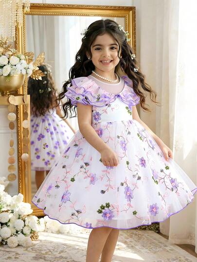 SHEIN 四季优雅礼服，少女婚礼花童礼服，刺绣薄纱公主裙，高端宴会演出服