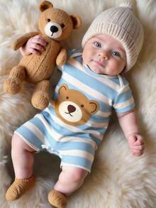 Souflis Souflis Unisex Baby Boy Casual Cute Cartoon Bear Striped Romper With Short Sleeve And Shorts, Suitable For Summer Daily Wear - Multicolor - View 1