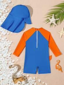 Baby Boys Swimwear, Cute Casual Vacation Blue Dinosaur Knit Fabric One-Piece Swimsuit With Hat, Fashionable Elegant Suitable For Swimming, Summer Vacation, Beach, Pool, Holiday Party - Orange - View 2