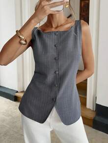 Siren Gaze Camiseta sin mangas con cuello cuadrado y botones frontales para mujer, de uso casual y para ir al trabajo - Marrón - Ver 4