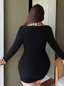 Dazy Plus Stretchy Bodycon Partially Open Front Zipper Splice Leopard Collar Mini Wrap Dress, Black, Spring/Summer Sundress - Black - View 6