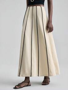 Ontre 2026SS Nueva Falda A-Line de Tela Tejida para Mujer, Diseño de Cremallera con Ribete de Color Contrastante, Estilo Elegante de Vacaciones de Verano, Atuendo de Invitada de Boda en Beige, Albaricoque y Caqui - Blanco y Negro - Ver 2