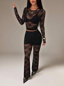 SHEIN PETITE 2pcs Women's Sexy Sheer Black Lace Top And Lace Pants Set, Stylish Design, Spring/Summer Lace Outfit Women Leopard Print Katseye Woman S 2 Piece Outfit Tights Two Piece Set Women Mesh Two Piece Set Lace 2 Piece Set - Black - View 7