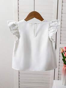 SHEIN 女童纯色圆领荷叶边花卉休闲衬衫 - 米色 - 查看 2