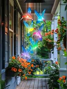 Four Solar-Powered Hummingbird/Butterfly/Heart/Round Wind Chime Lights, Colorful 6-LED Hanging Lights, Featuring A Romantic Purple And Yellow Butterfly And Blue Hummingbird Design, Suitable For Patio Decoration, Balcony, Outdoor Garden Decoration, Party And Holiday Atmosphere Creation (Solar Powered). - multicolor - View 2