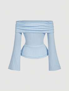 SHEIN MOD 女士优雅纯色露肩喇叭袖T恤 - 藍色 - 查看 2