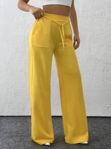 EURMUSE Women Patch Pocket And Wide Leg Detailed Sweatpants - Light Yellow - View 3