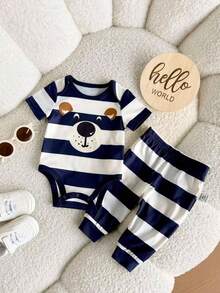 SHEIN 6pcs Newborn Baby Boy Summer Cute Cartoon Star Print Short Sleeve Romper & Pants Set - Blue - View 3