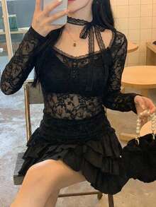 DAZY 女士优雅系带长袖T恤，春秋季 - 黑色 - 查看 2