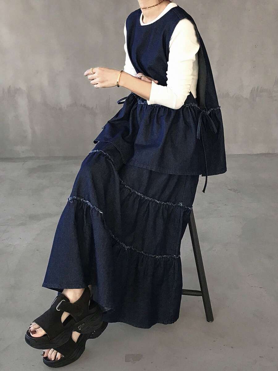 FRIFUL Ensemble en jean décontracté pour femmes avec volants à l'ourlet et liens - Bleu azur - Voir 1