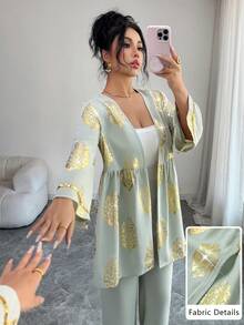 Al Najma Conjunto de 2 piezas de chaqueta y pantalones con estampado floral elegante y apertura frontal para mujer, otoño - verde menta - Ver 5