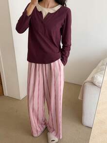 DAZY 女士两件套针织条纹上衣和配套印花睡裤套装 - 紫色 - 查看 5