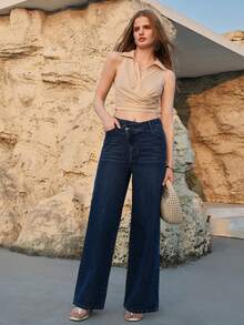 MOTF PREMIUM SPRING/SUMMER ASYMMETRICAL PLACKET WASHED STRAIGHT-LEG JEANS - Dark Wash - View 7