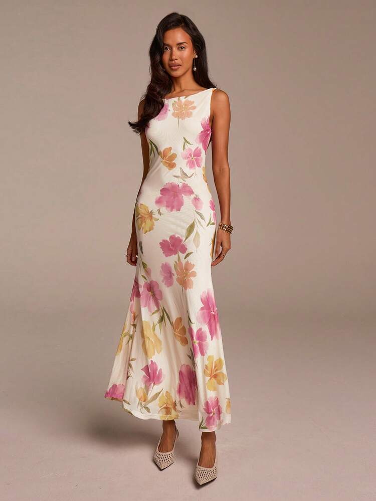 COSMINA Robe longue femme à imprimé floral, col drapé, dos nu, avec bretelles torsadées. Robe élégante et décontractée pour les vacances, les fêtes, les mariages en tant qu'invitée ou demoiselle d'honneur. Printemps/Été - Multicolore - Voir 2