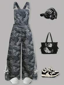 SHEIN ChillGRL 少女春夏迷彩连体裤，配有可调节可拆卸肩带，休闲街头风 - 軍綠色 - 查看 1