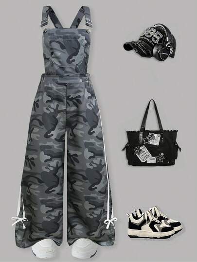 SHEIN ChillGRL 少女春夏迷彩连体裤，配有可调节可拆卸肩带，休闲街头风