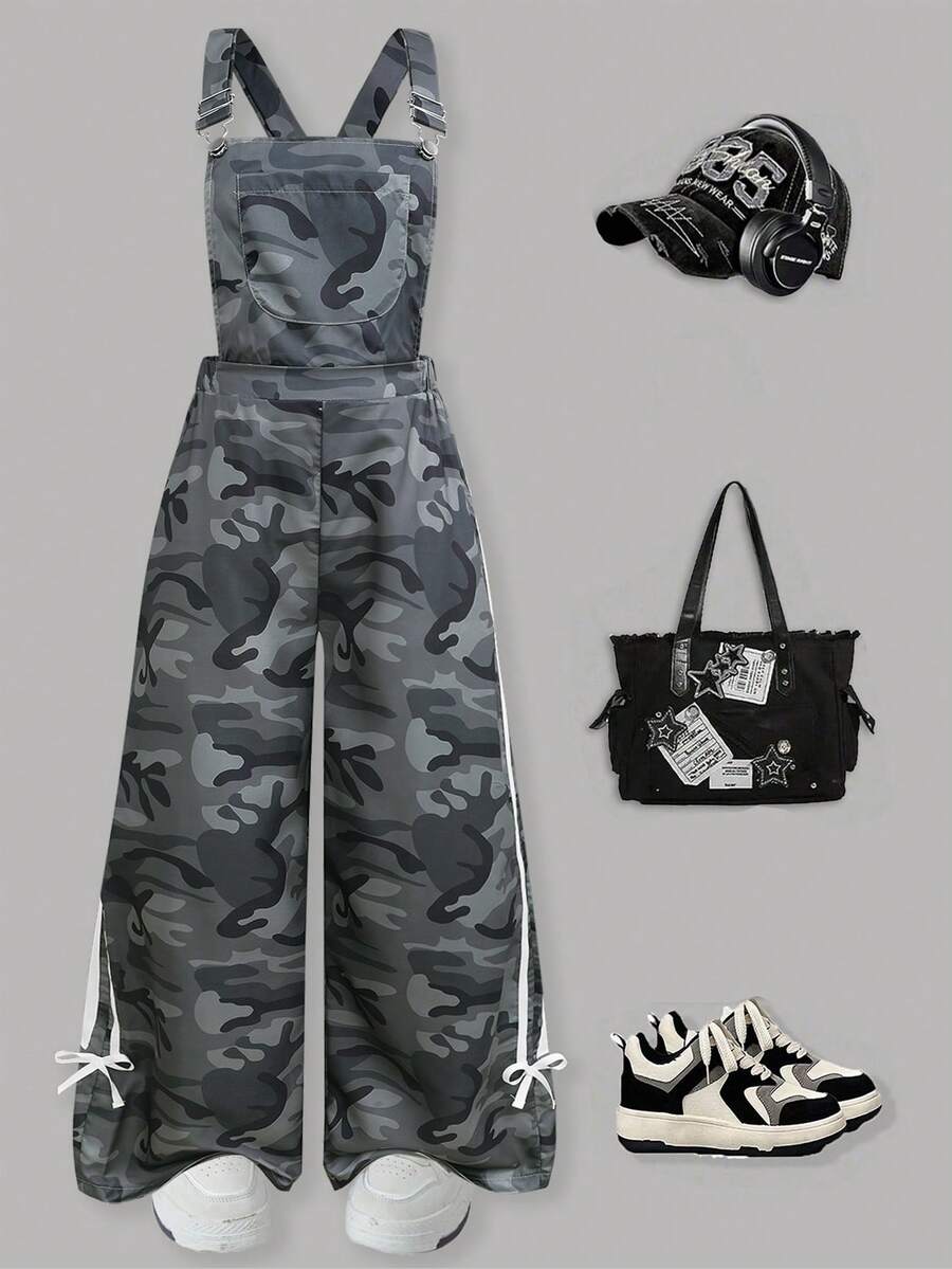SHEIN ChillGRL 少女春夏迷彩连体裤，配有可调节可拆卸肩带，休闲街头风 - 軍綠色 - 查看 1