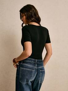 Poéselle 女士纯色简约短袖连体衣，日常穿着 - 黑色 - 查看 2