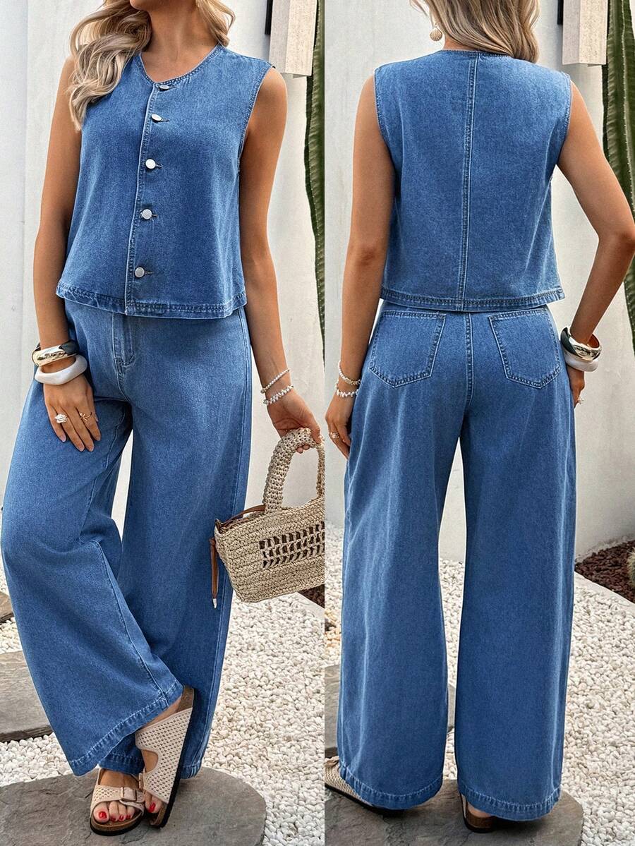 SHEIN Maternity V-Neck Single-Breasted Sleeveless Top And Wide-Leg Jeans Casual Outfit - Blue - View 1
