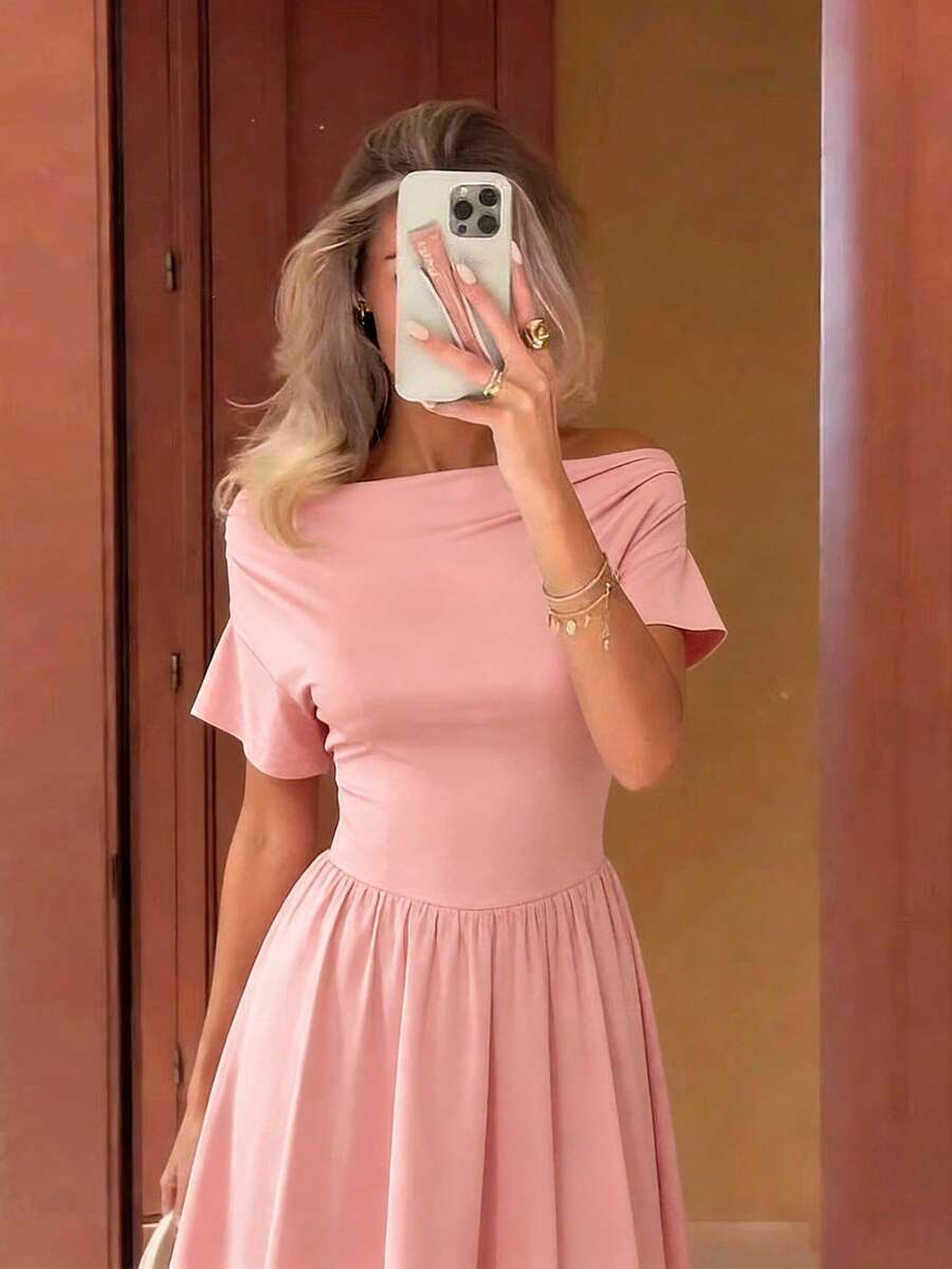 SHEIN LUNE 女士纯色褶皱短袖优雅收腰迷你连衣裙,适合约会和外出;粉色连衣裙;女士粉色露肩修身A字连衣裙,优雅短袖A字迷你连衣裙,适合夏季派对和休闲穿着;情人节连衣裙;度假装;女士情人节服装;女士粉色连衣裙;女士夏季服装;腮红粉连衣裙;纯色连衣裙;优雅粉色连衣裙;夏季优雅连衣裙;春季休闲服装 - 粉色 - 查看 1