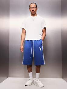 PLAYBOY X SUMWON Celana Pendek Basket Jersey Logo Kelinci dengan Pinggang Elastis Bertali dan Detail Garis Samping untuk Pakaian Kasual Musim Panas - Biru - View 3