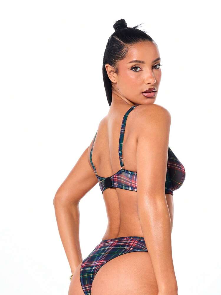 SUMWON WOMEN Plaid Mesh Bra And Panty Set