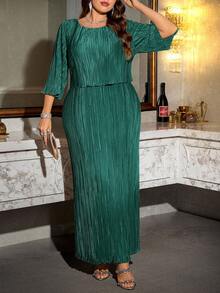 Reflora Vestido elegante de unicolor talla grande, adecuado para fiestas - Verde Oscuro - Ver 6