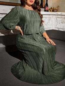 Reflora Plus Size Elegant Solid Color Dress, Suitable For Party Fall - Olive Green - View 8